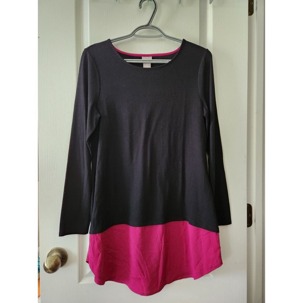 Chico's Womens Chiffon-Hem Tunic Blouse Long Sleeves Black Purple U.S. Size S